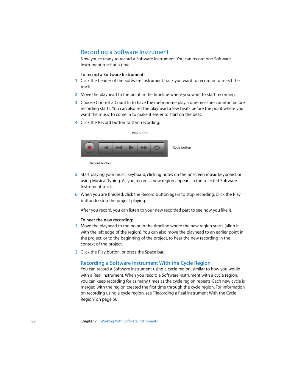 Recording a software instrument | Apple GarageBand 3 User Manual | Page 58 / 98