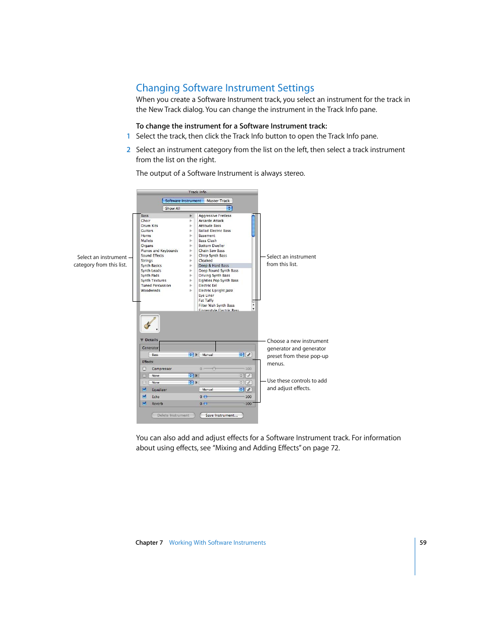 Changing software instrument settings | Apple GarageBand 3 User Manual | Page 59 / 98