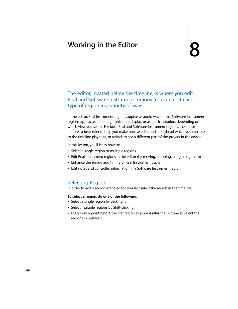 Working in the editor, Selecting regions, Chapter 8 | Working in the editor” de | Apple GarageBand 3 User Manual | Page 60 / 98