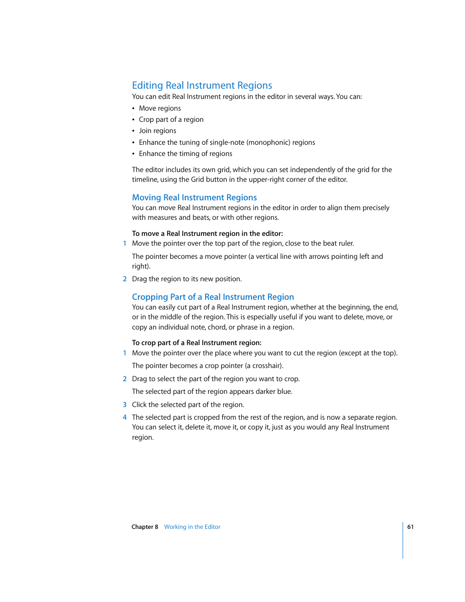 Editing real instrument regions, Moving real instrument regions, Cropping part of a real instrument region | Apple GarageBand 3 User Manual | Page 61 / 98