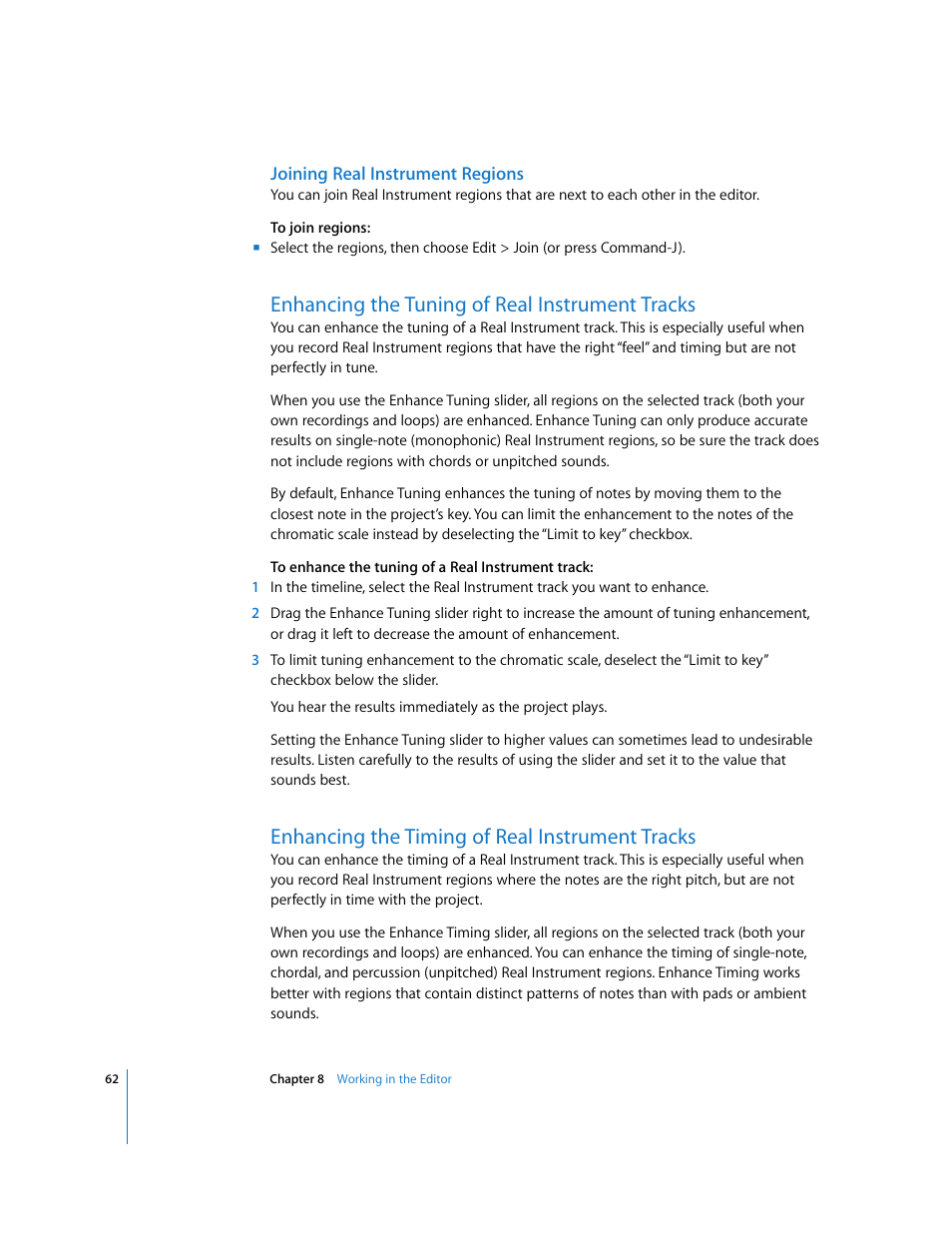 Joining real instrument regions, Enhancing the tuning of real instrument tracks, Enhancing the timing of real instrument tracks | Apple GarageBand 3 User Manual | Page 62 / 98