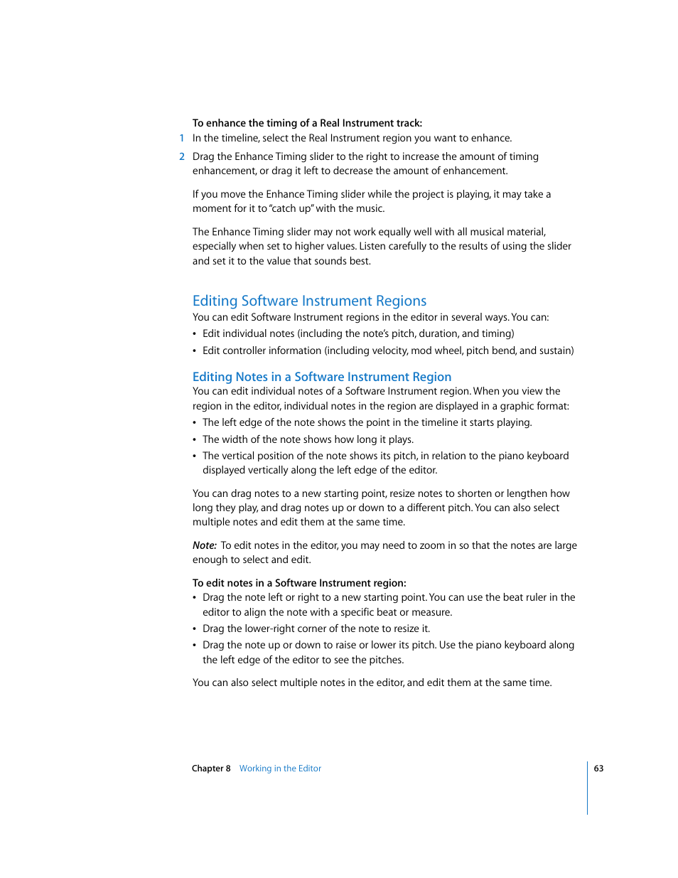 Editing software instrument regions, Editing notes in a software instrument region | Apple GarageBand 3 User Manual | Page 63 / 98