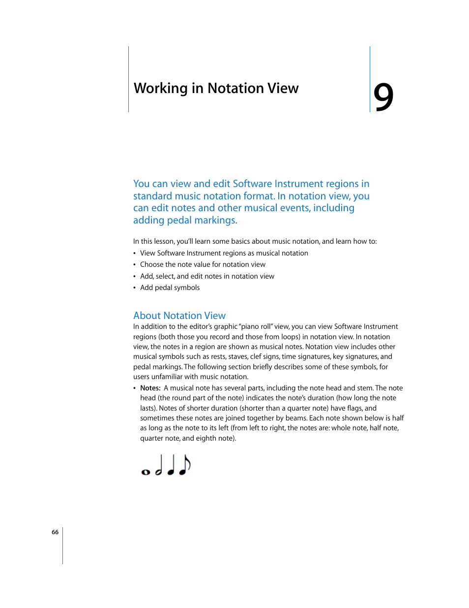 Working in notation view, About notation view, Chapter 9 | Working in notation view” de | Apple GarageBand 3 User Manual | Page 66 / 98