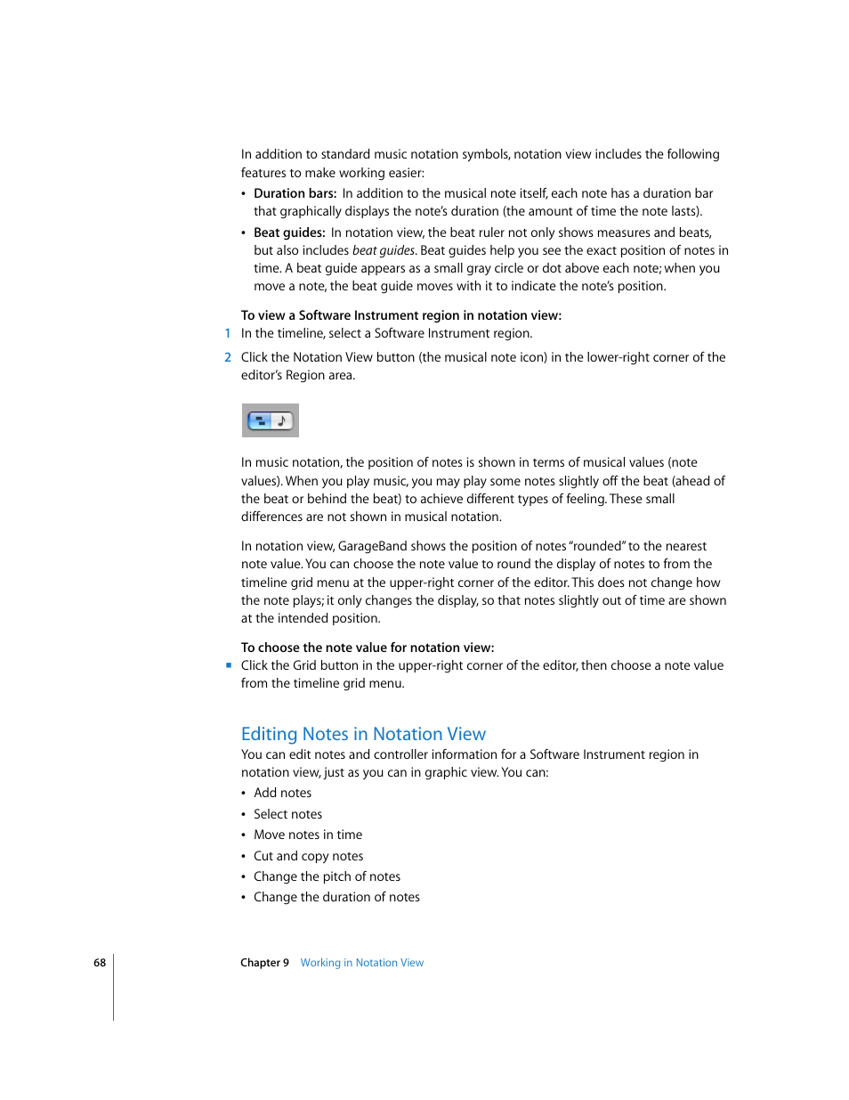 Editing notes in notation view | Apple GarageBand 3 User Manual | Page 68 / 98