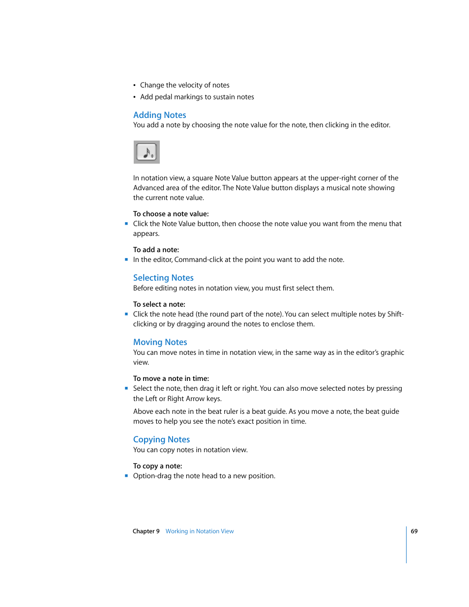 Adding notes, Selecting notes, Moving notes | Copying notes | Apple GarageBand 3 User Manual | Page 69 / 98