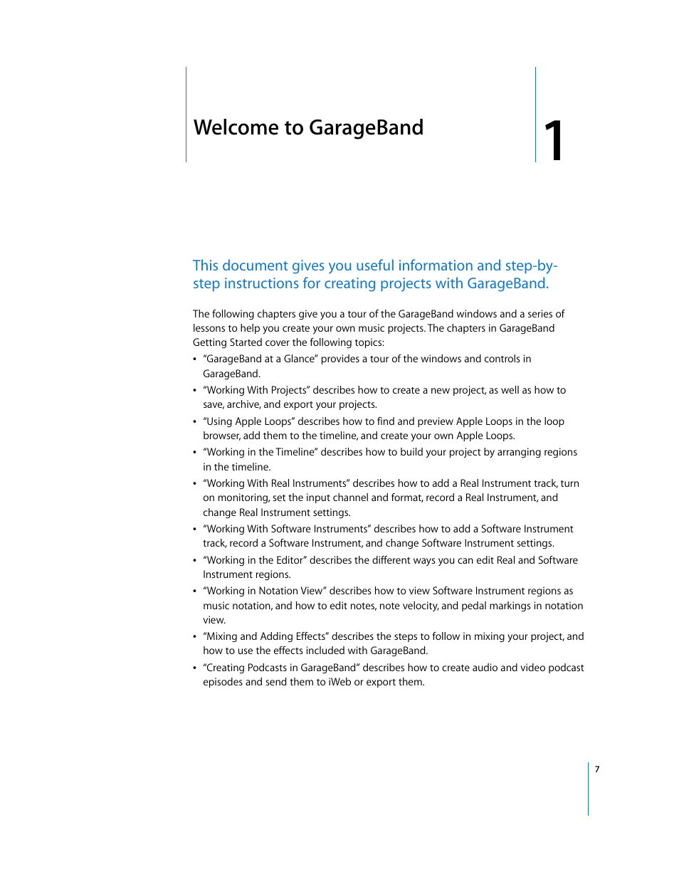 Welcome to garageband, Chapter 1 | Apple GarageBand 3 User Manual | Page 7 / 98