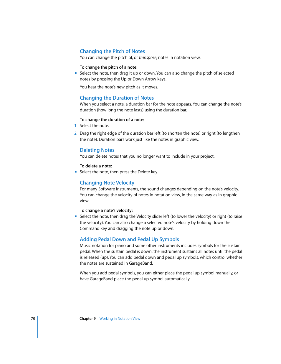 Changing the pitch of notes, Changing the duration of notes, Deleting notes | Changing note velocity, Adding pedal down and pedal up symbols | Apple GarageBand 3 User Manual | Page 70 / 98