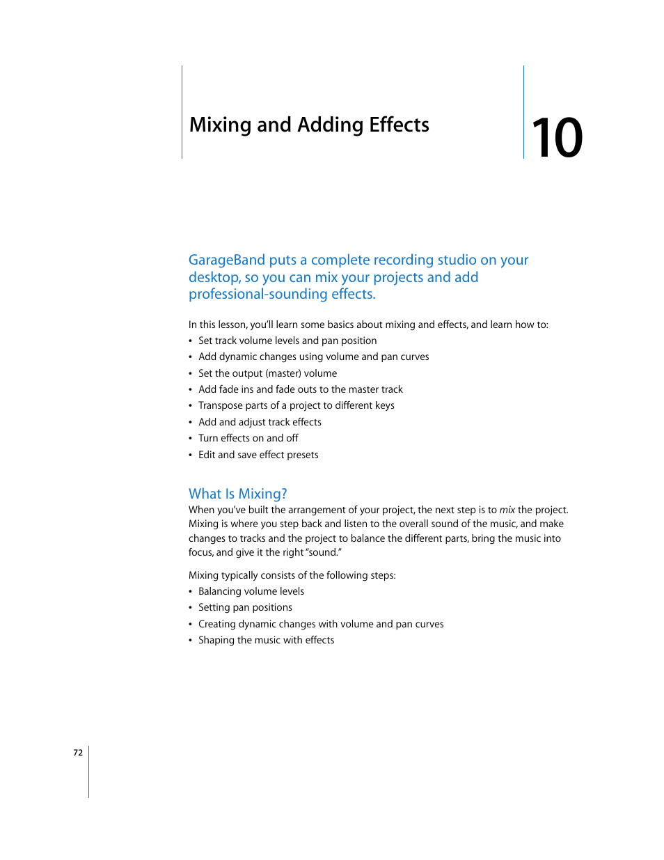 Mixing and adding effects, What is mixing, Chapter 10 | Mixing and adding effects” de | Apple GarageBand 3 User Manual | Page 72 / 98