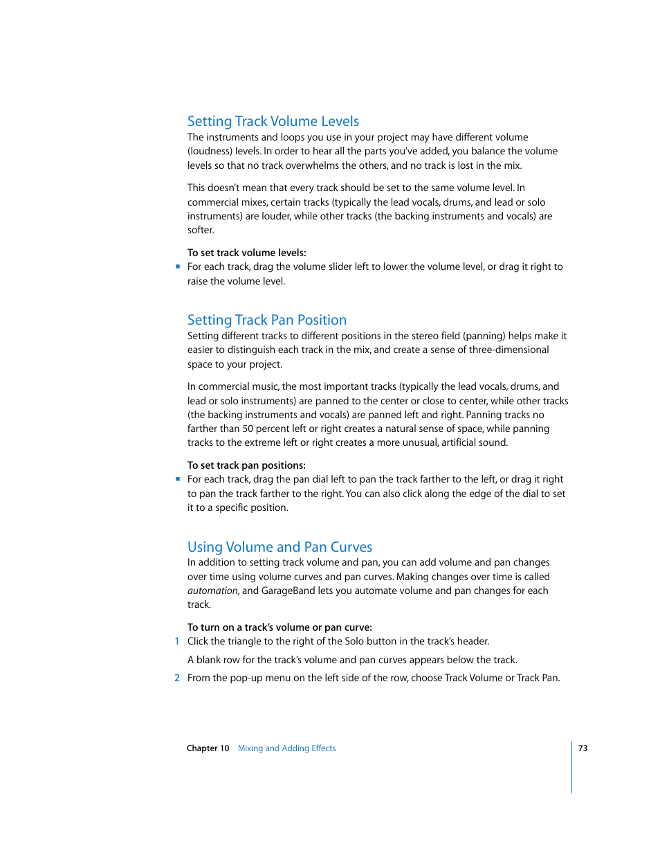 Setting track volume levels, Setting track pan position, Using volume and pan curves | Apple GarageBand 3 User Manual | Page 73 / 98