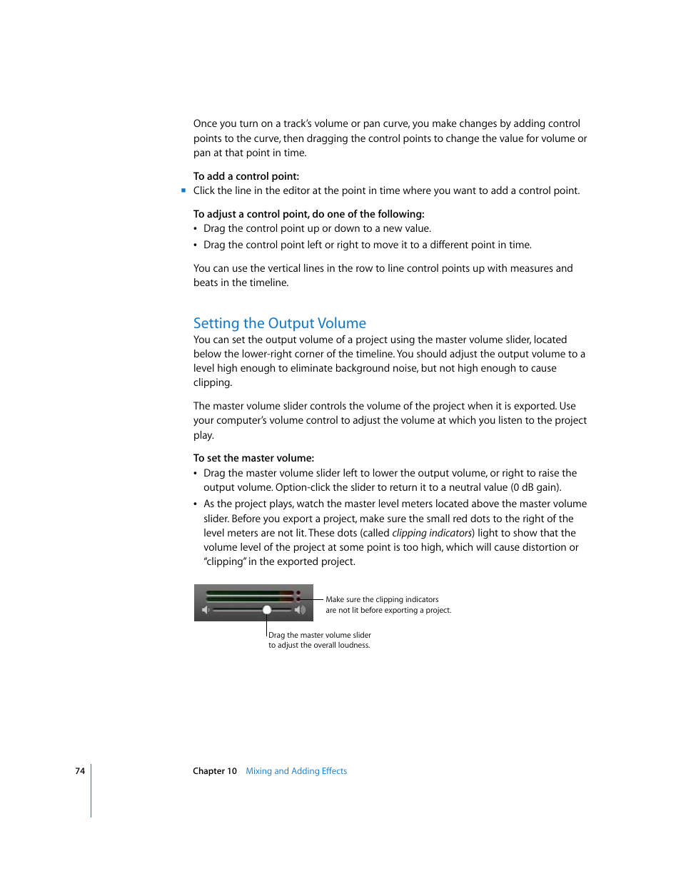 Setting the output volume | Apple GarageBand 3 User Manual | Page 74 / 98