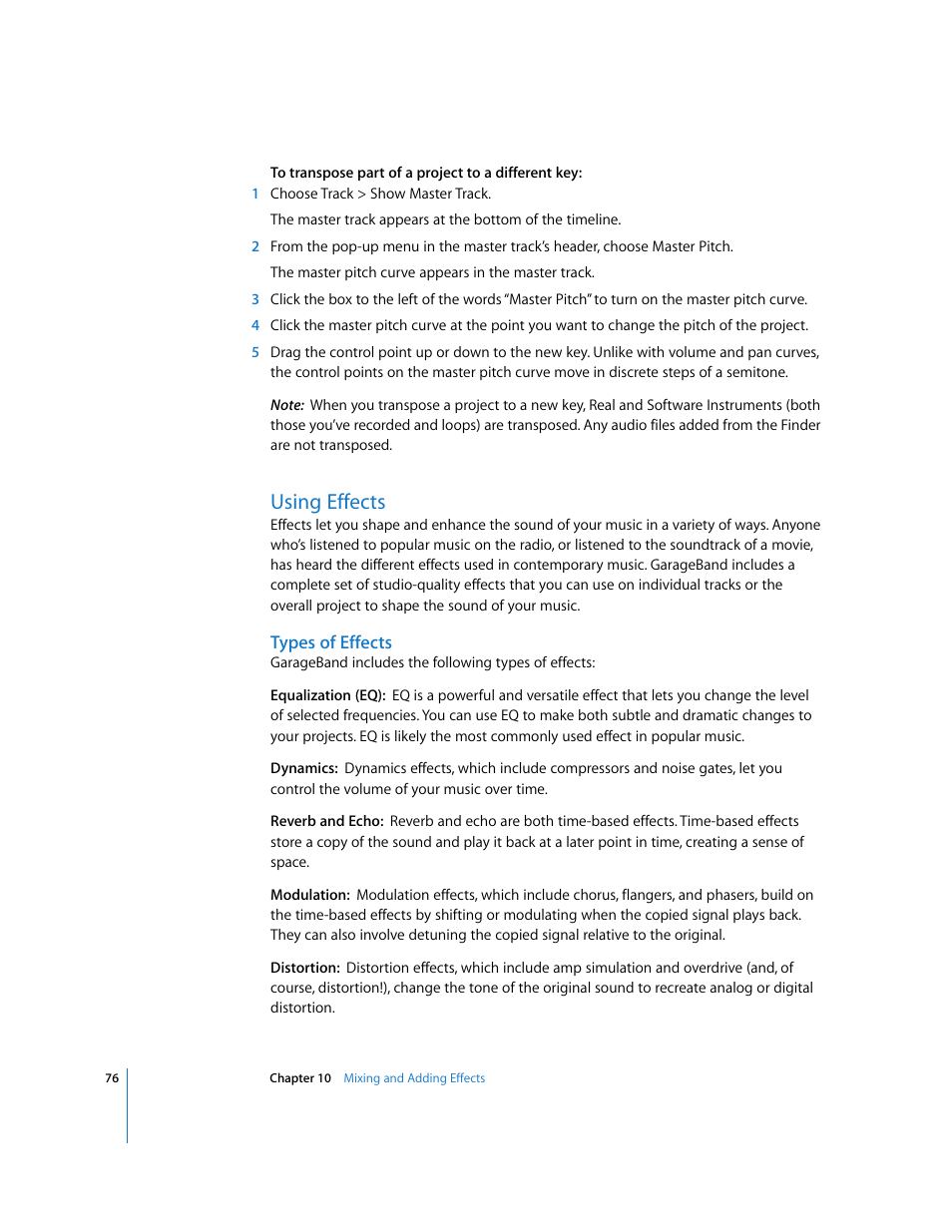 Using effects, Types of effects | Apple GarageBand 3 User Manual | Page 76 / 98