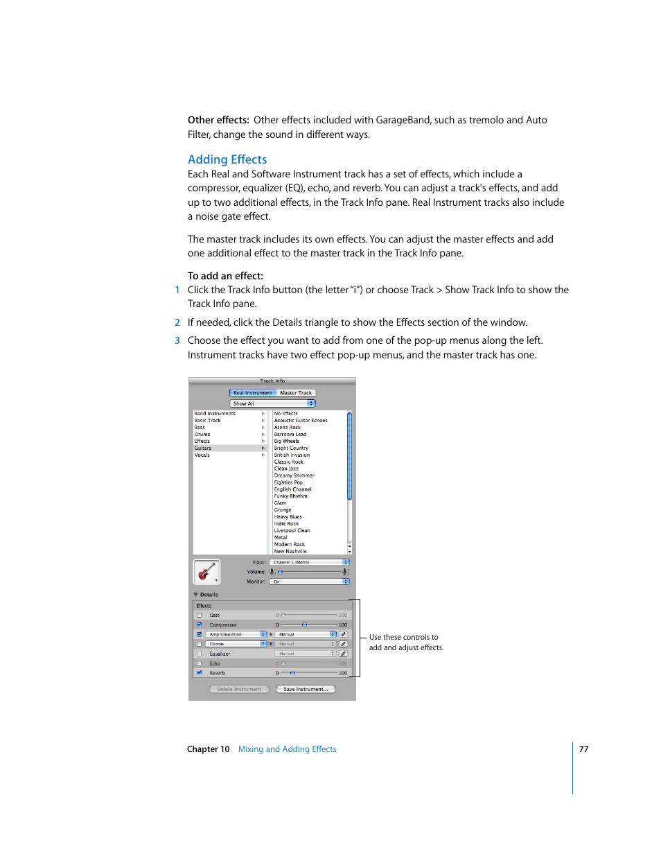 Adding effects | Apple GarageBand 3 User Manual | Page 77 / 98