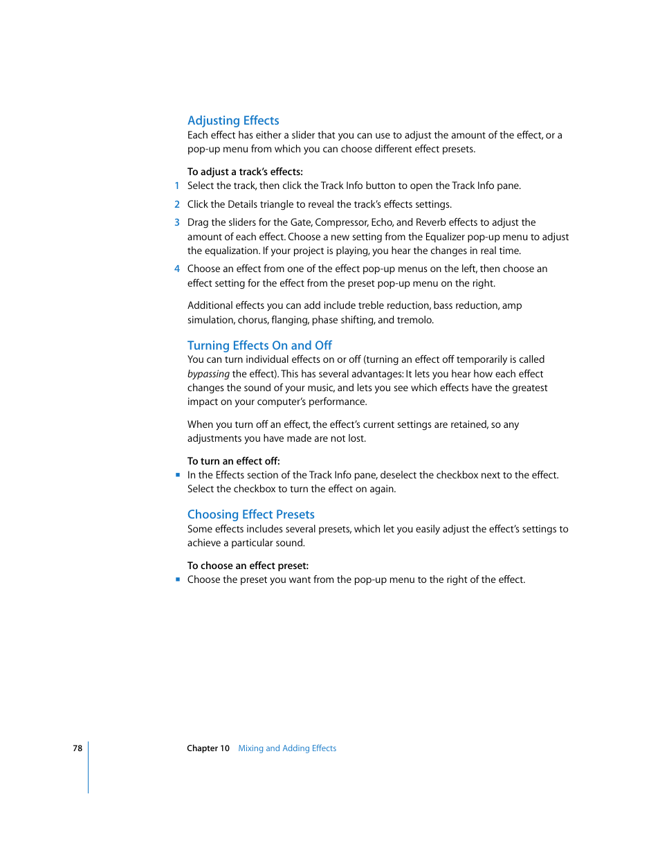 Adjusting effects, Turning effects on and off, Choosing effect presets | Apple GarageBand 3 User Manual | Page 78 / 98