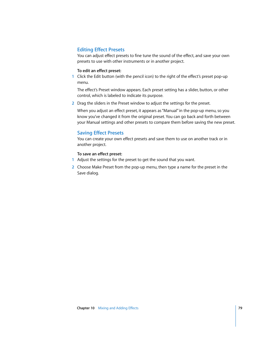 Editing effect presets, Saving effect presets | Apple GarageBand 3 User Manual | Page 79 / 98