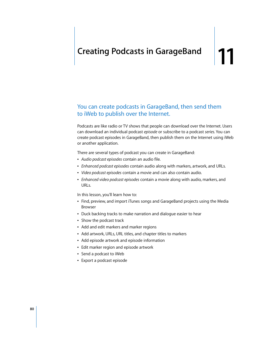 Creating podcasts in garageband, Chapter 11, Creating podcasts in garageband” de | Apple GarageBand 3 User Manual | Page 80 / 98