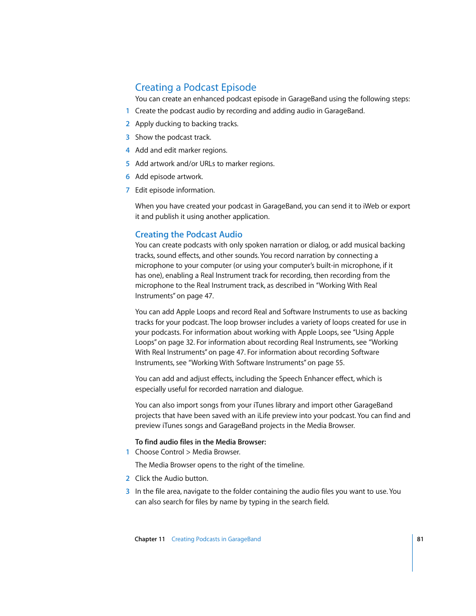 Creating a podcast episode, Creating the podcast audio | Apple GarageBand 3 User Manual | Page 81 / 98