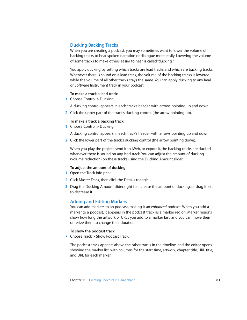 Ducking backing tracks, Adding and editing markers | Apple GarageBand 3 User Manual | Page 83 / 98