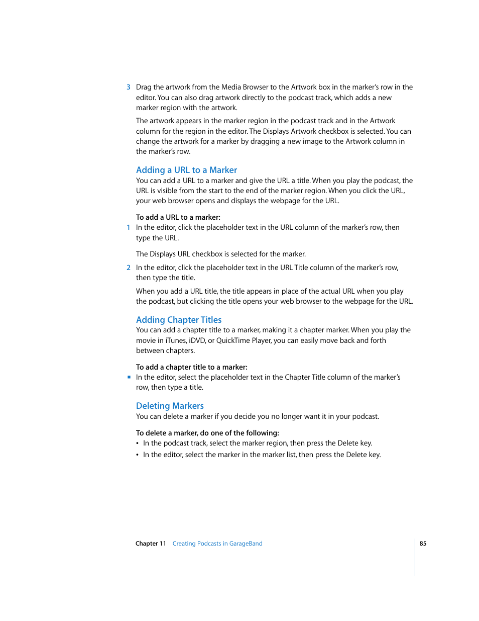 Adding a url to a marker, Adding chapter titles, Deleting markers | Apple GarageBand 3 User Manual | Page 85 / 98