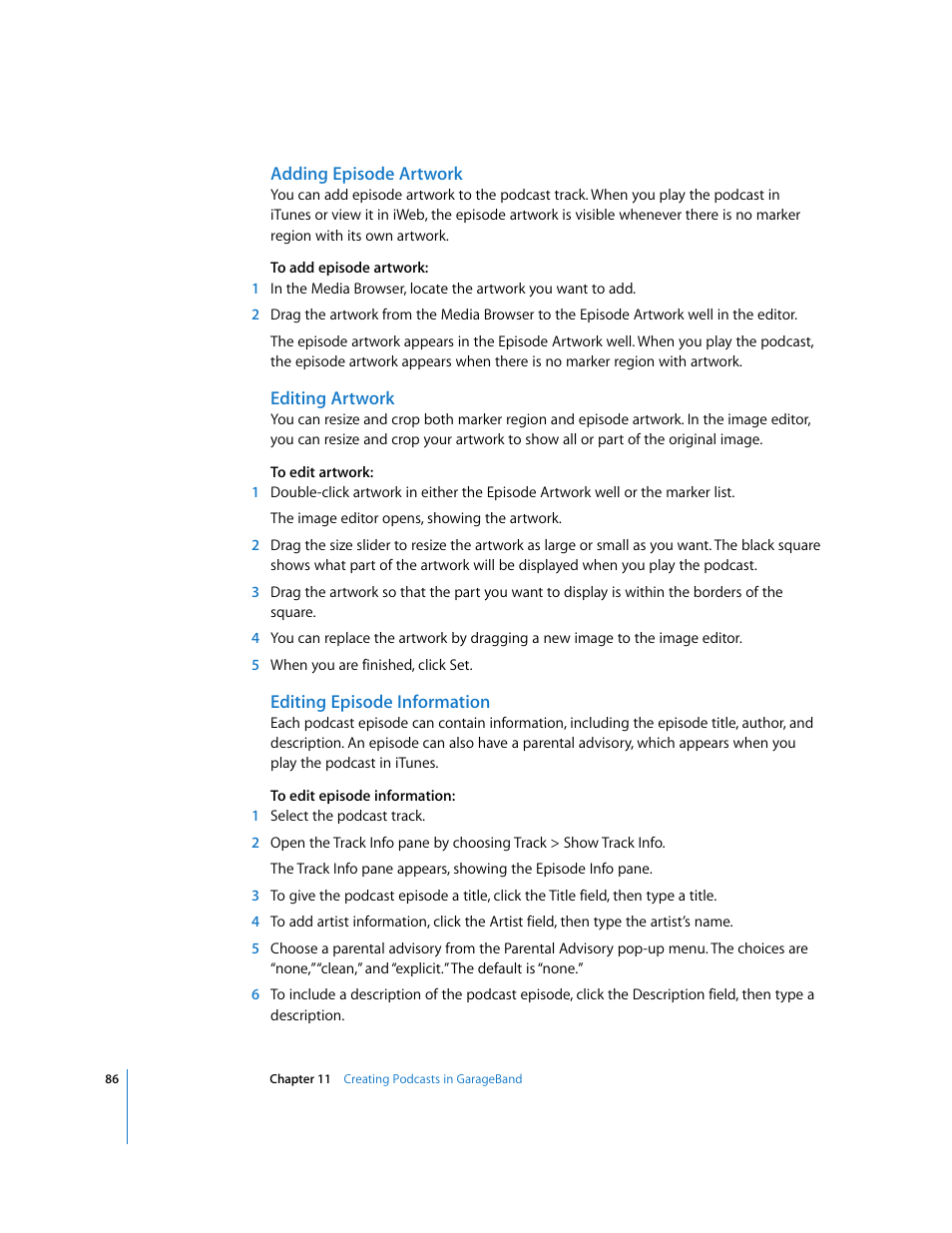 Adding episode artwork, Editing artwork, Editing episode information | Apple GarageBand 3 User Manual | Page 86 / 98