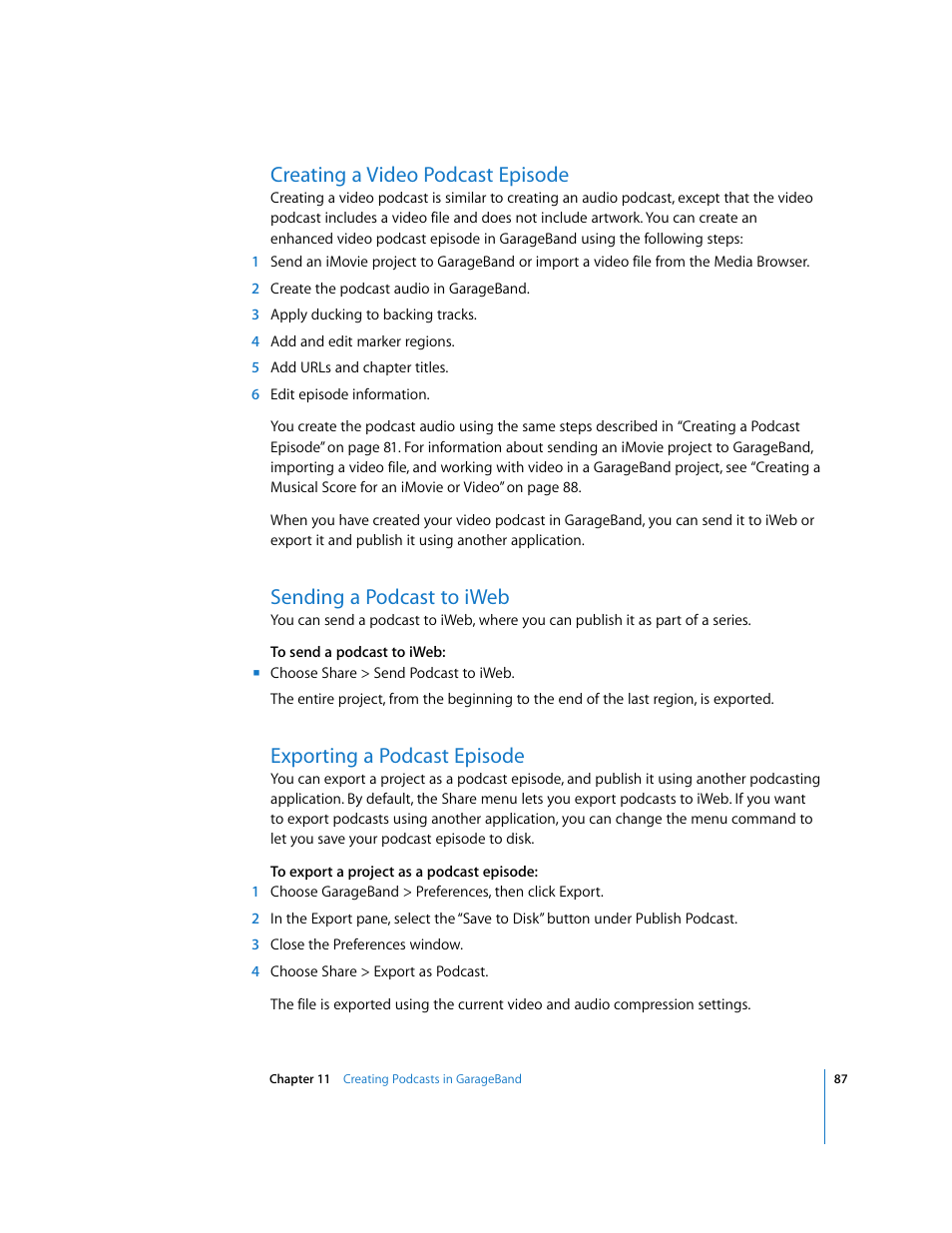 Creating a video podcast episode, Sending a podcast to iweb, Exporting a podcast episode | Apple GarageBand 3 User Manual | Page 87 / 98