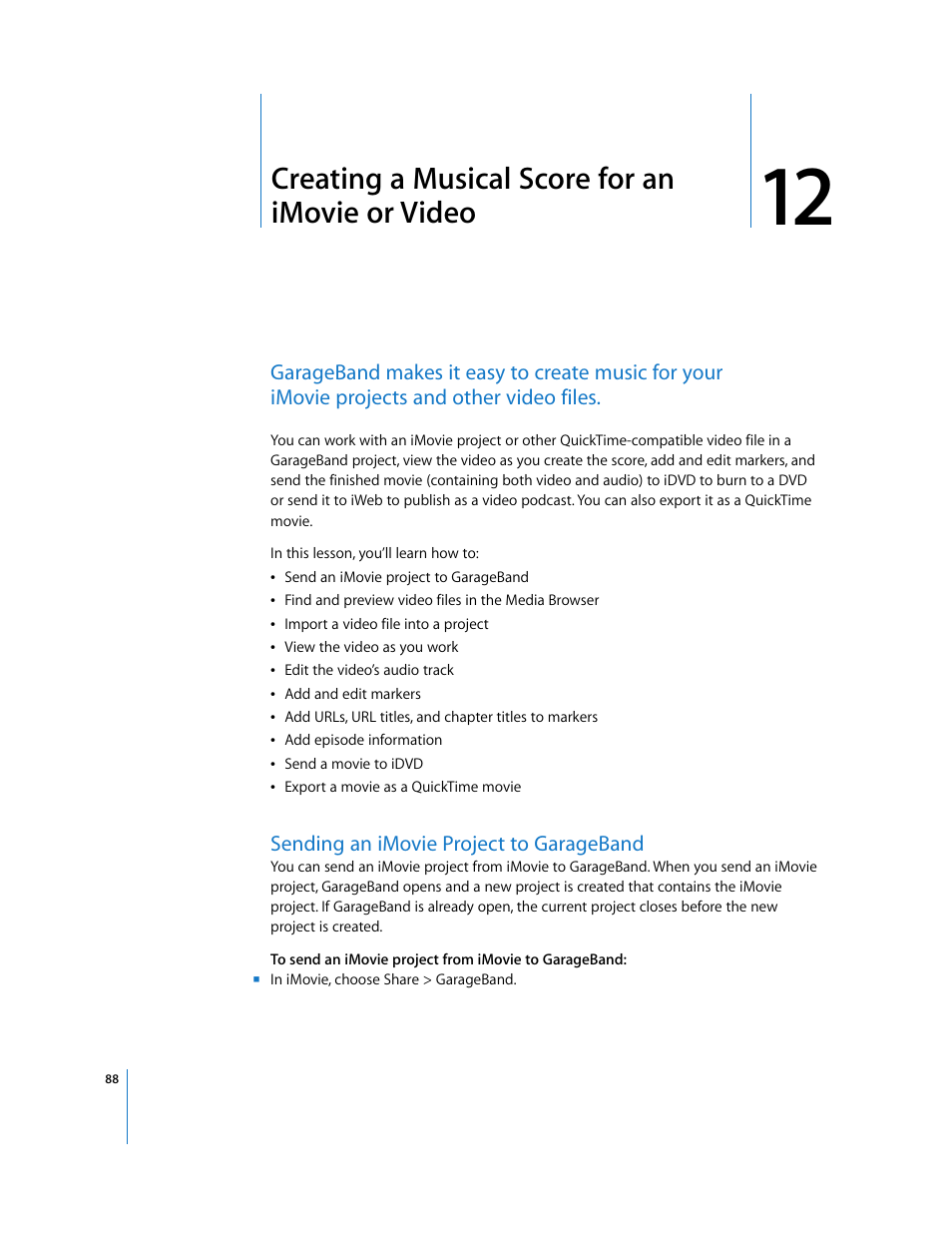 Creating a musical score for an imovie or video, Sending an imovie project to garageband, Chapter 12 | Apple GarageBand 3 User Manual | Page 88 / 98