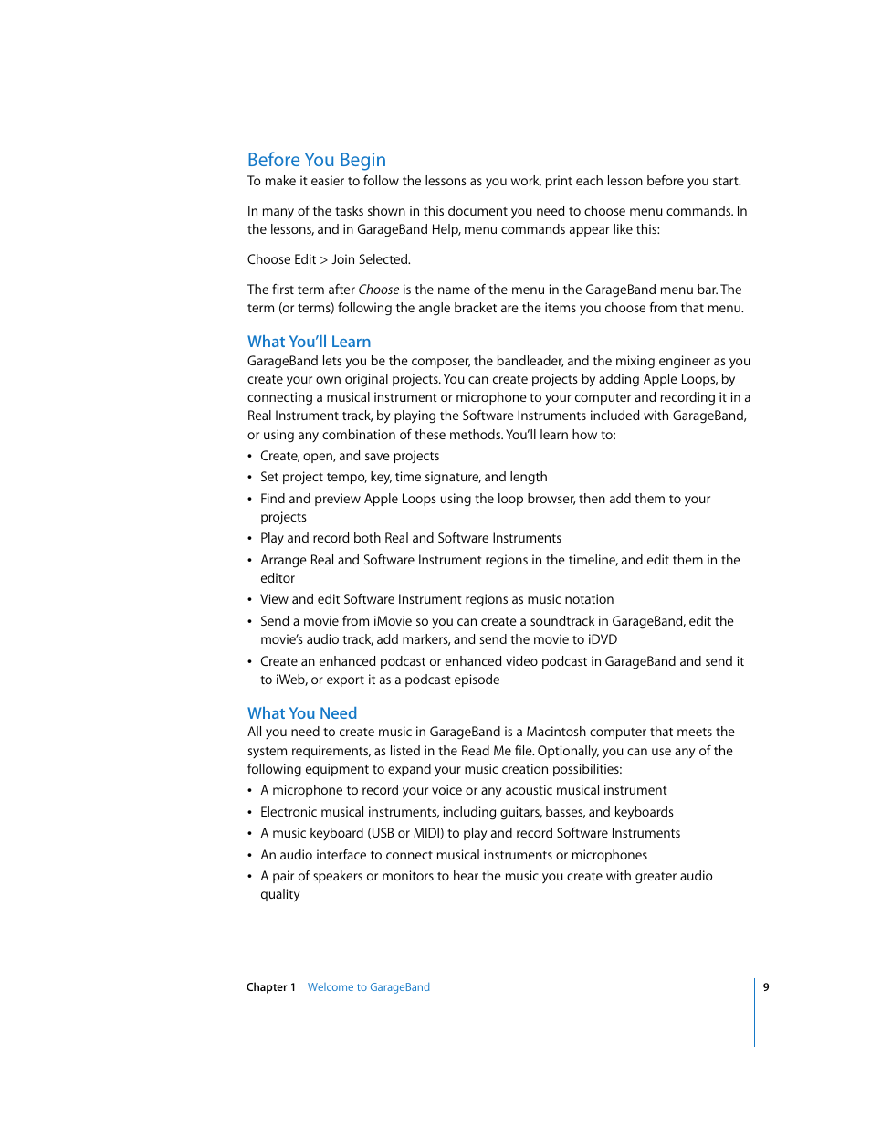 Before you begin, What you’ll learn, What you need | Apple GarageBand 3 User Manual | Page 9 / 98