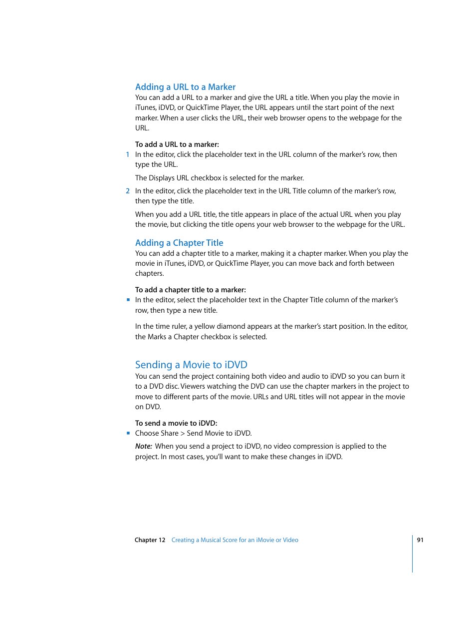 Adding a url to a marker, Adding a chapter title, Sending a movie to idvd | Apple GarageBand 3 User Manual | Page 91 / 98