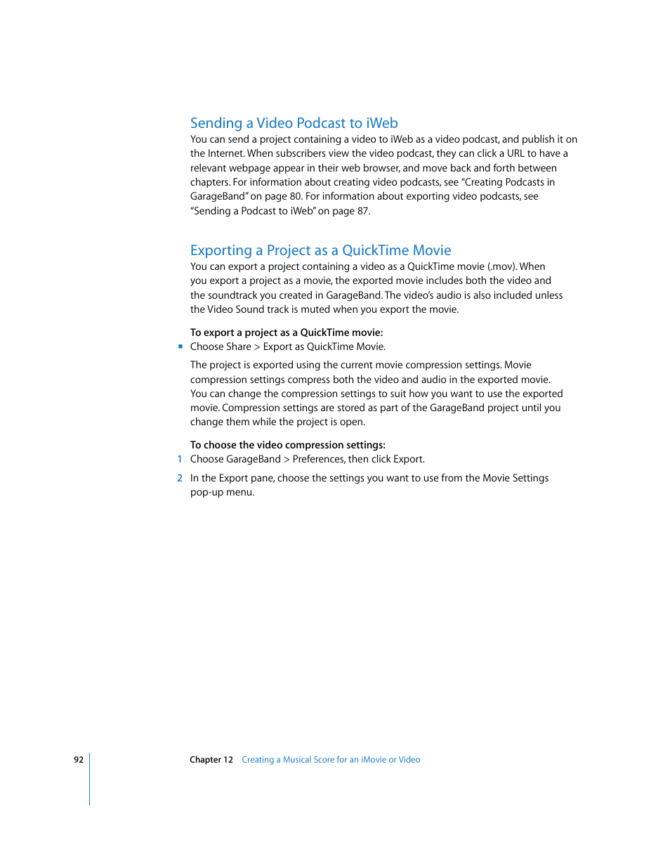 Sending a video podcast to iweb, Exporting a project as a quicktime movie | Apple GarageBand 3 User Manual | Page 92 / 98