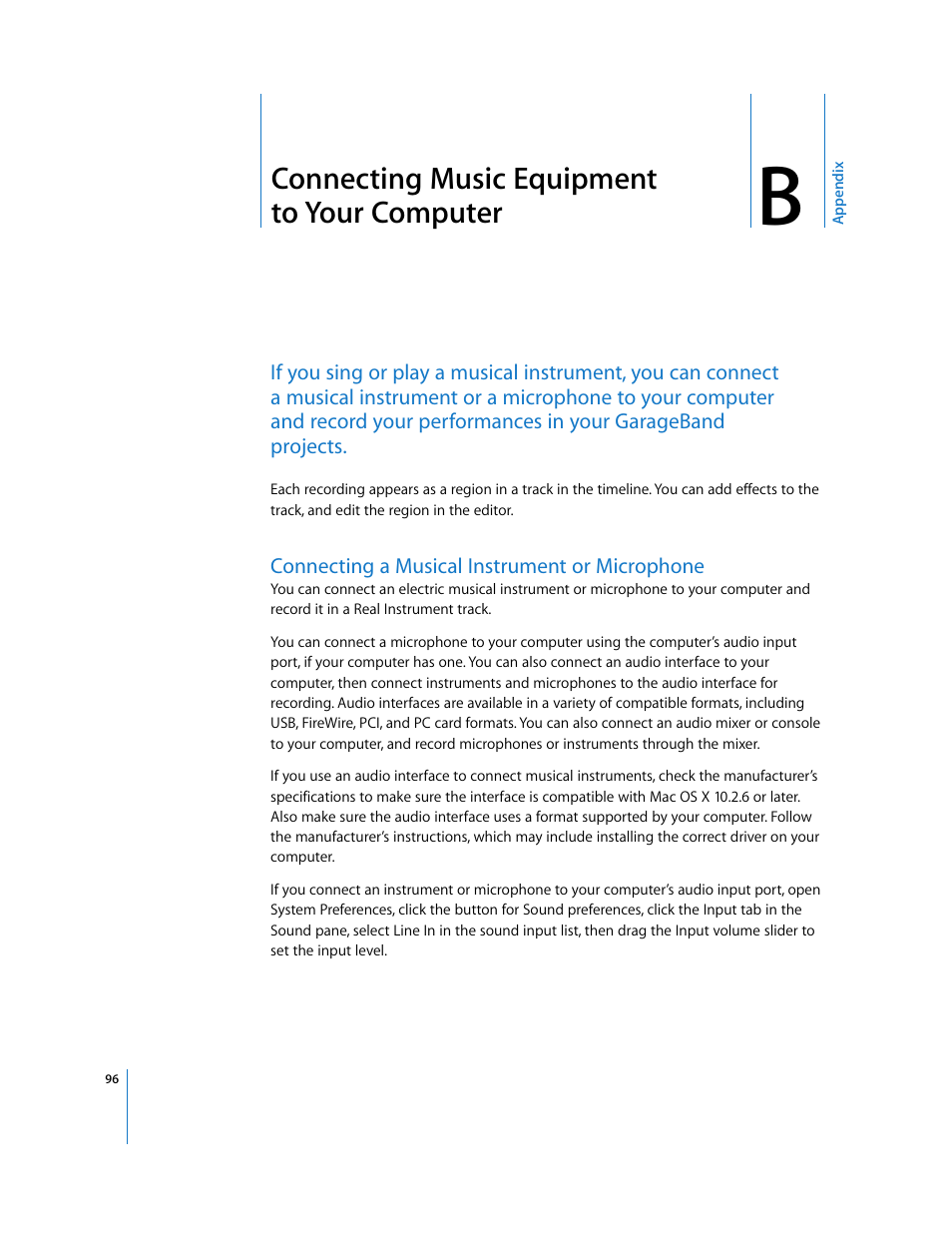 Connecting music equipment toyour computer, Connecting a musical instrument or microphone, Appendix b | Connecting music equipment to your computer | Apple GarageBand 3 User Manual | Page 96 / 98