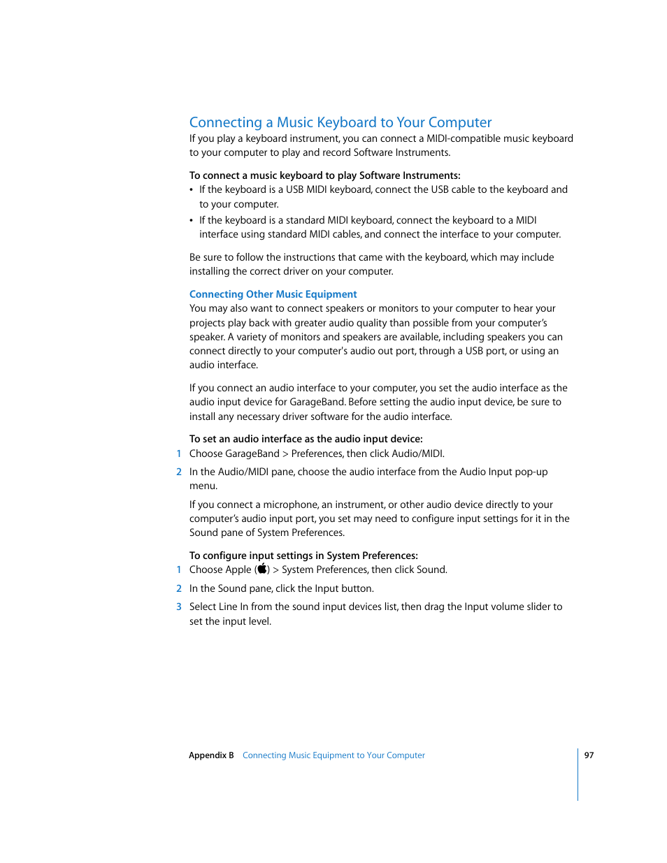 Connecting a music keyboard to your computer | Apple GarageBand 3 User Manual | Page 97 / 98