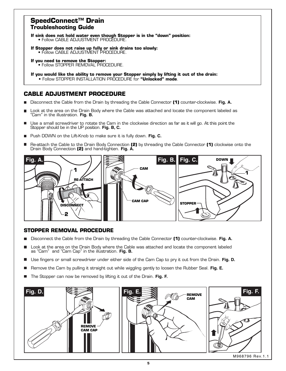 Speedconnect™ drain, Troubleshooting guide, Cable adjustment procedure | Fig. b. fig. a, Fig. e, Fig. d, Fig. c, Fig. f | American Standard 3475.5 User Manual | Page 11 / 12