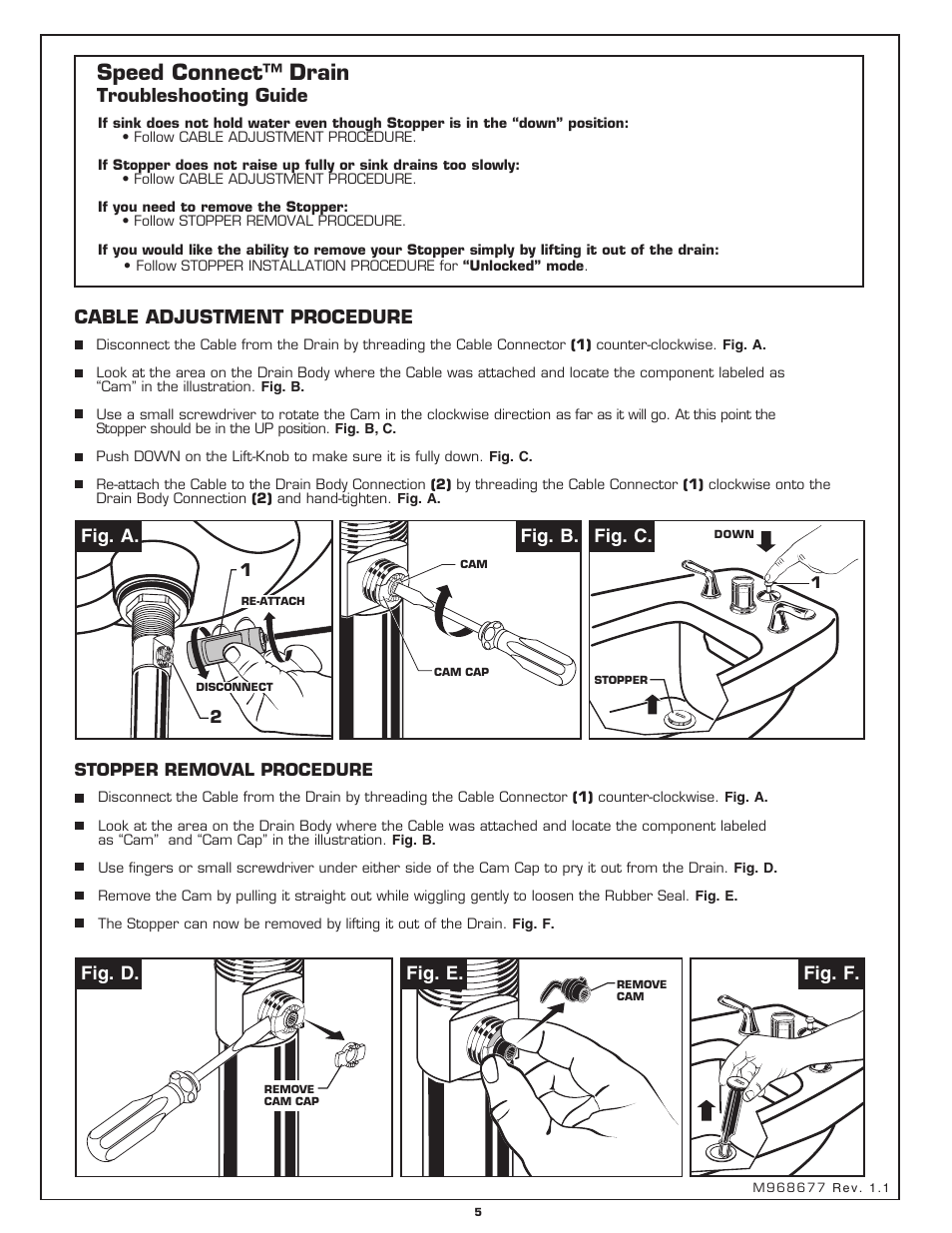 Speed connect™ drain, Troubleshooting guide, Cable adjustment procedure | Fig. b, Fig. c, Fig. f, Fig. a, Fig. e. fig. d | American Standard 3475.5 User Manual | Page 5 / 12