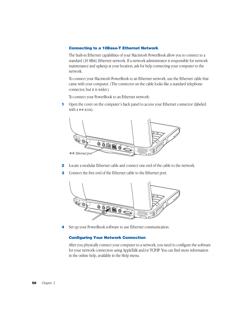 Configuring your network connection, Ethernet port | Apple PowerBook G3 User Manual | Page 50 / 94