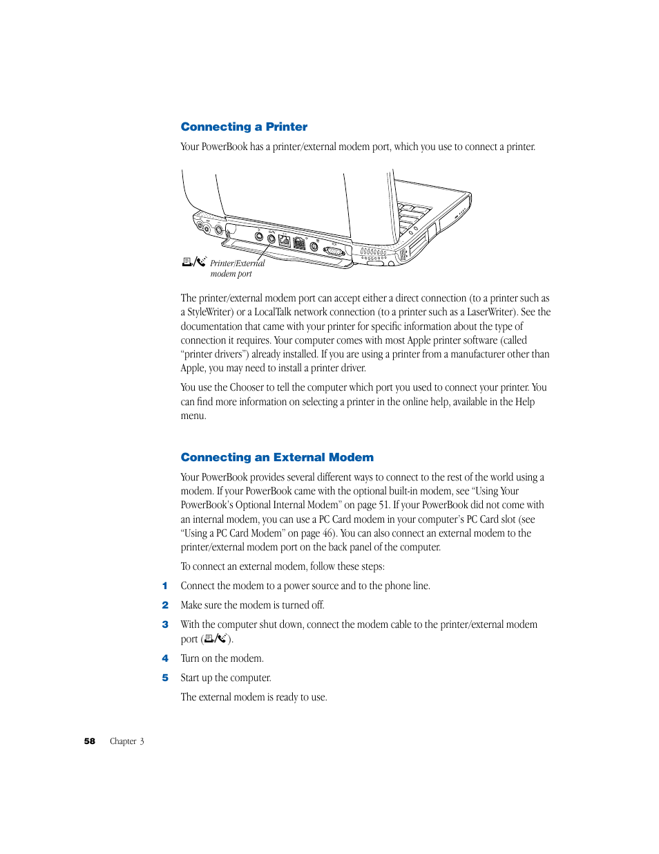 Make sure the modem is turned off, Turn on the modem | Apple PowerBook G3 User Manual | Page 58 / 94