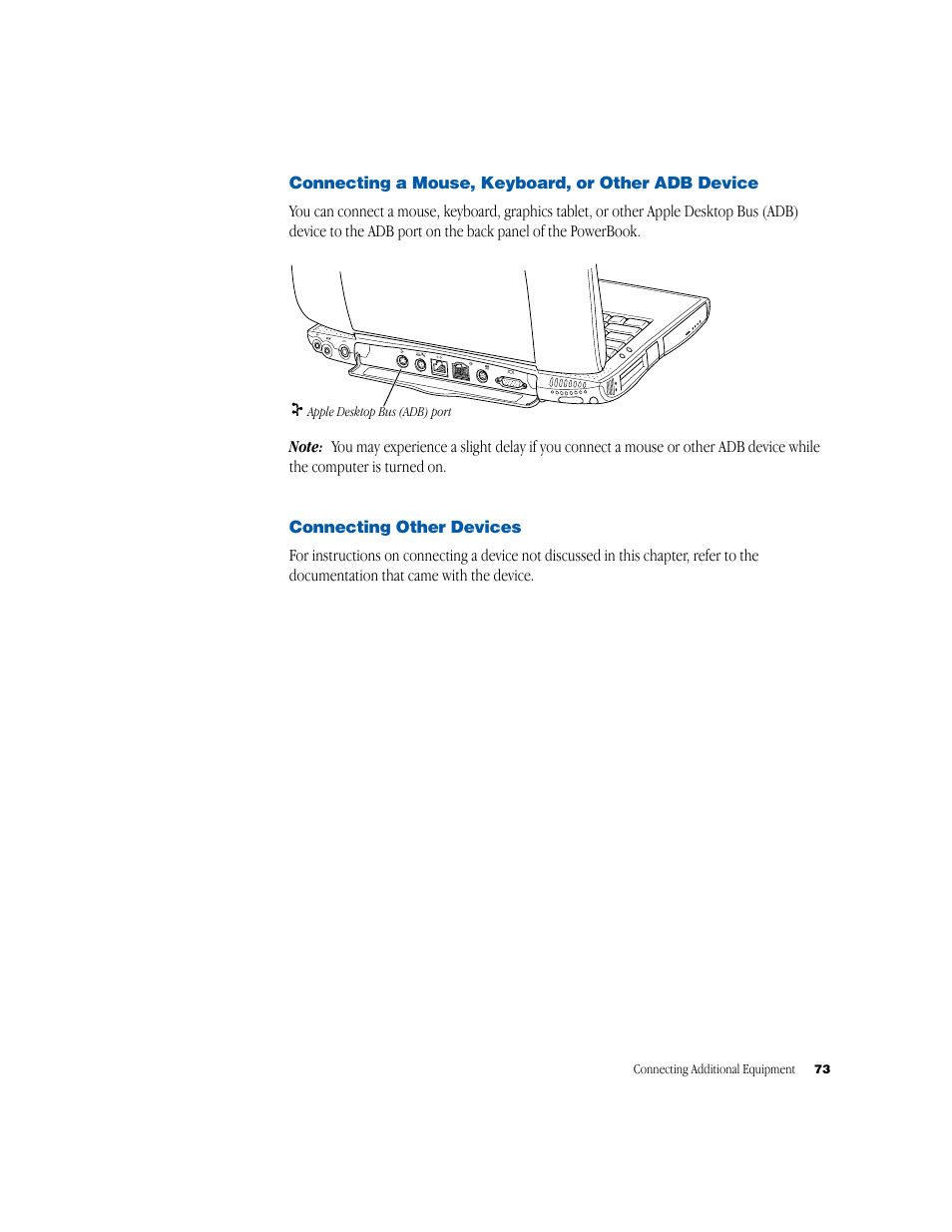 Connecting additional equipment, Apple desktop bus (adb) port | Apple PowerBook G3 User Manual | Page 73 / 94