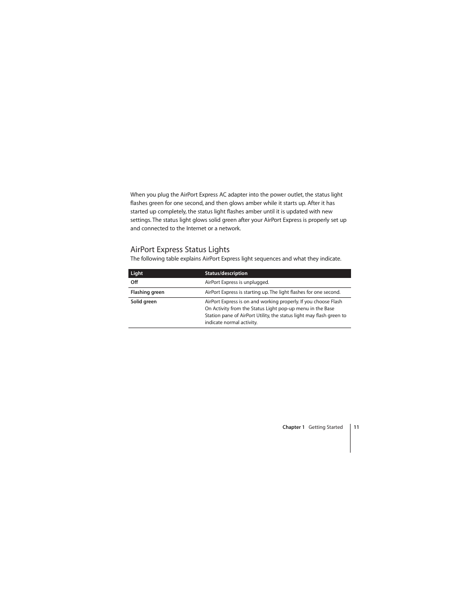 Airport express status lights | Apple AirPort Express 802.11n (1st Generation) User Manual | Page 11 / 48