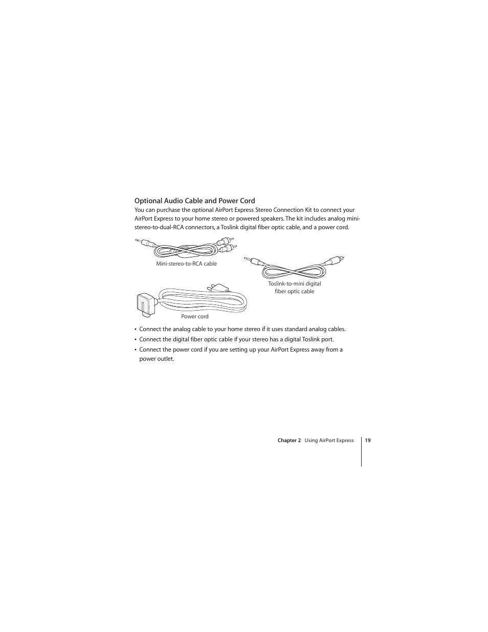 Optional audio cable and power cord | Apple AirPort Express 802.11n (1st Generation) User Manual | Page 19 / 48