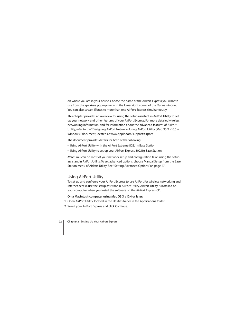 Using airport utility | Apple AirPort Express 802.11n (1st Generation) User Manual | Page 22 / 48