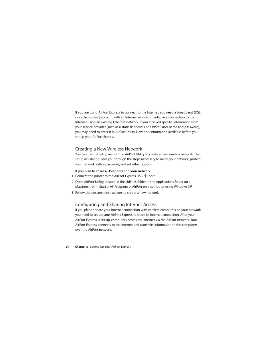 Creating a new wireless network, Configuring and sharing internet access | Apple AirPort Express 802.11n (1st Generation) User Manual | Page 24 / 48