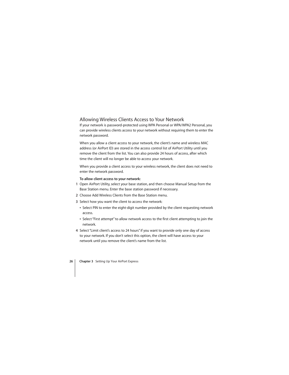 Allowing wireless clients access to your network | Apple AirPort Express 802.11n (1st Generation) User Manual | Page 26 / 48