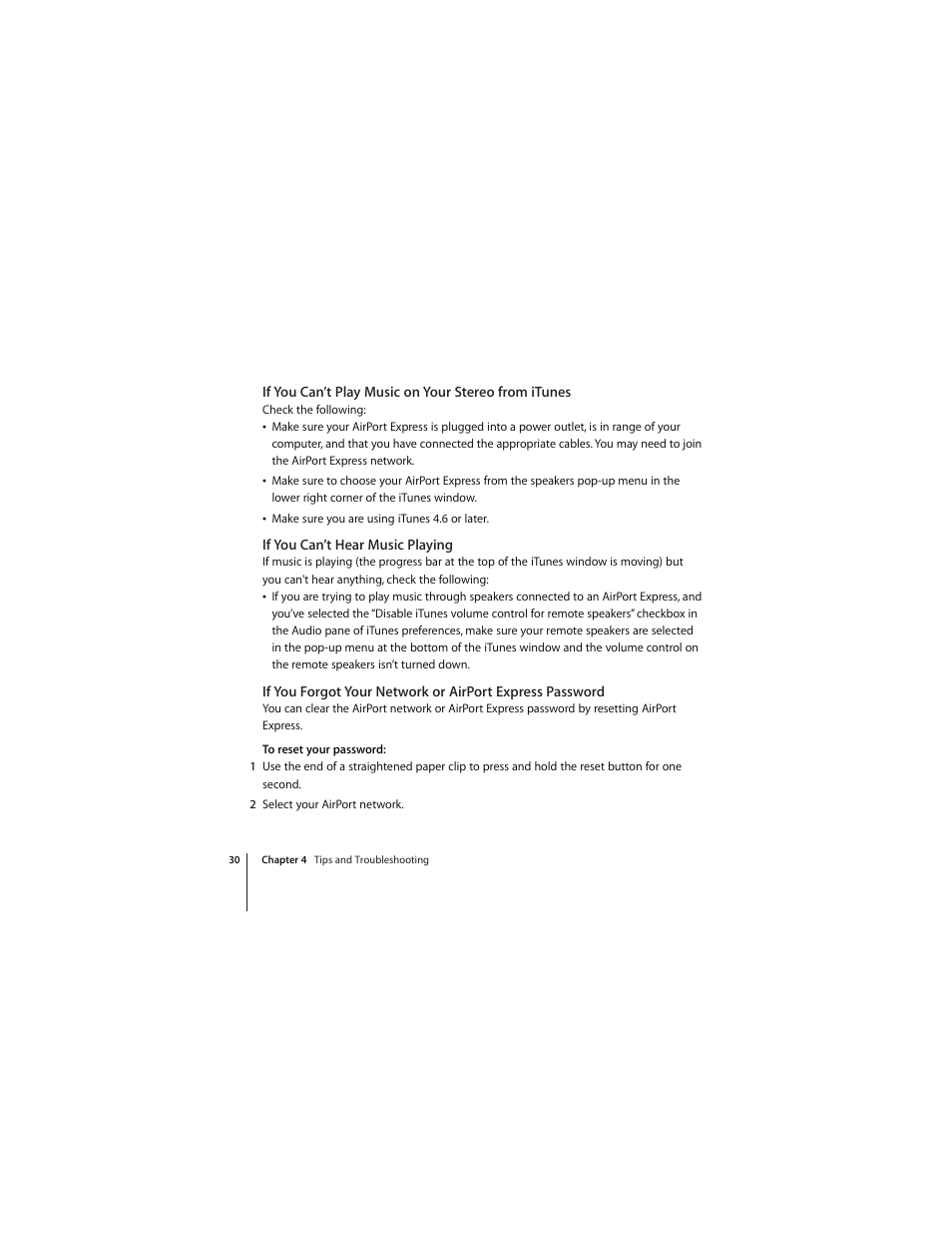 If you can’t play music on your stereo from itunes, If you can’t hear music playing | Apple AirPort Express 802.11n (1st Generation) User Manual | Page 30 / 48