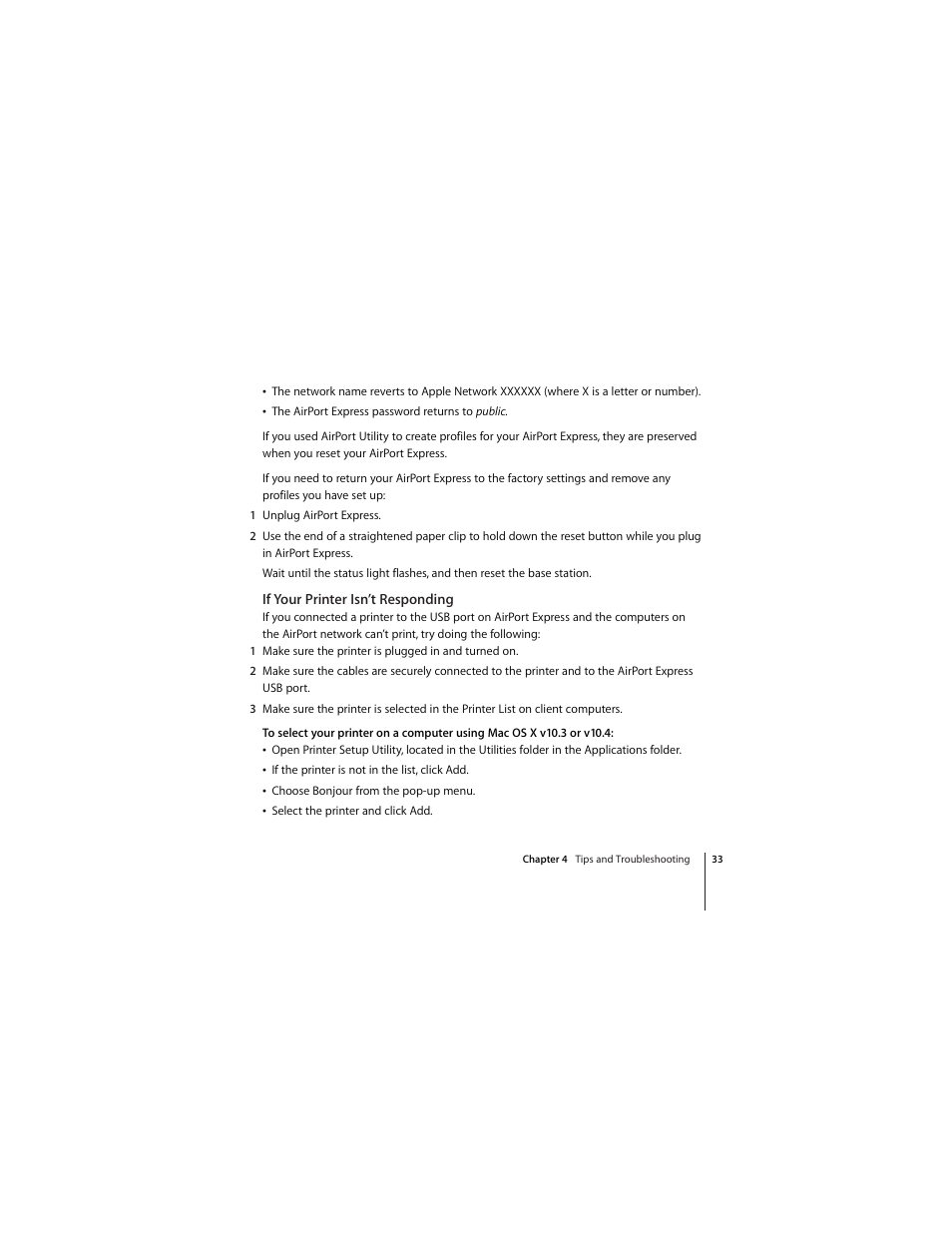 If your printer isn’t responding | Apple AirPort Express 802.11n (1st Generation) User Manual | Page 33 / 48