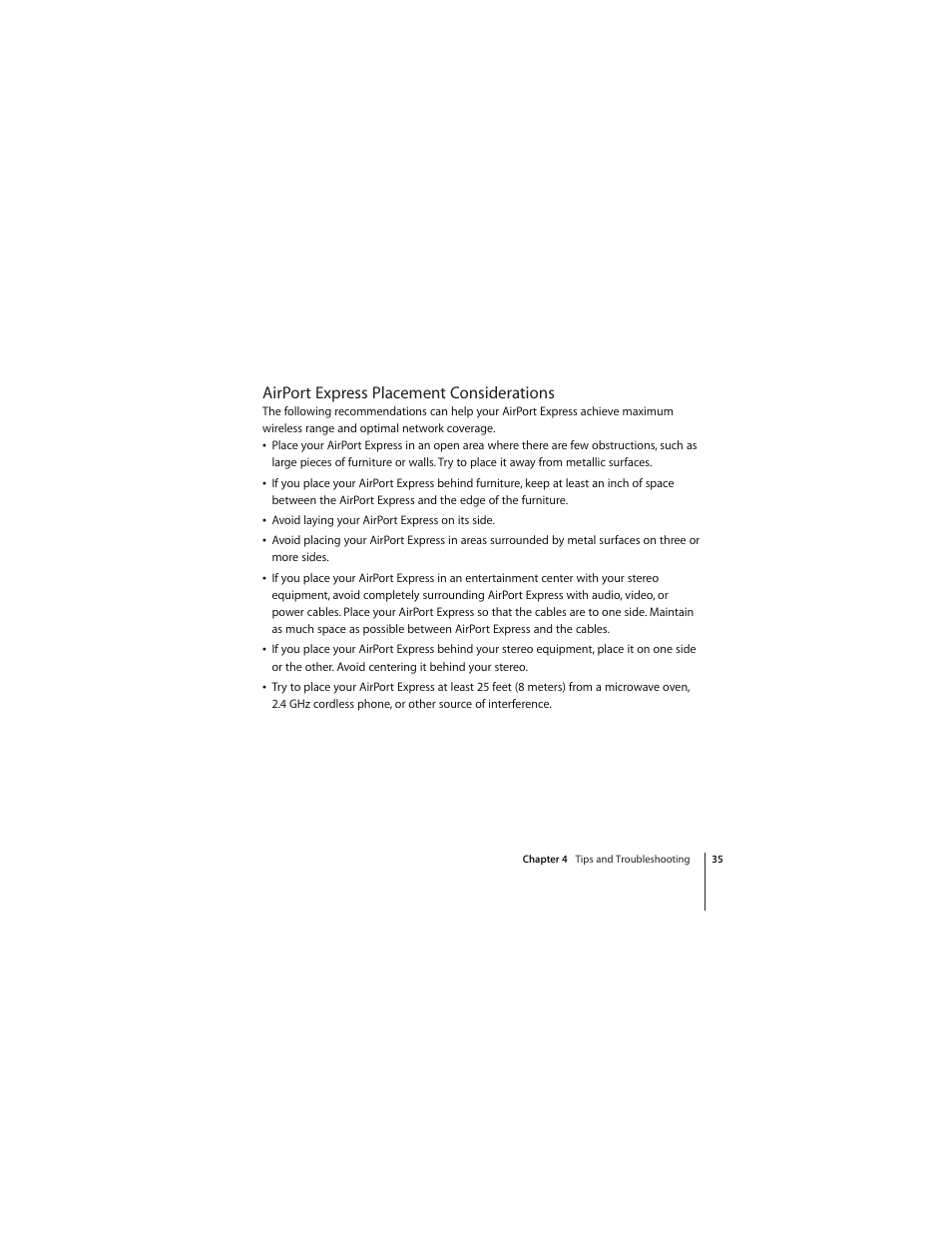 Airport express placement considerations | Apple AirPort Express 802.11n (1st Generation) User Manual | Page 35 / 48