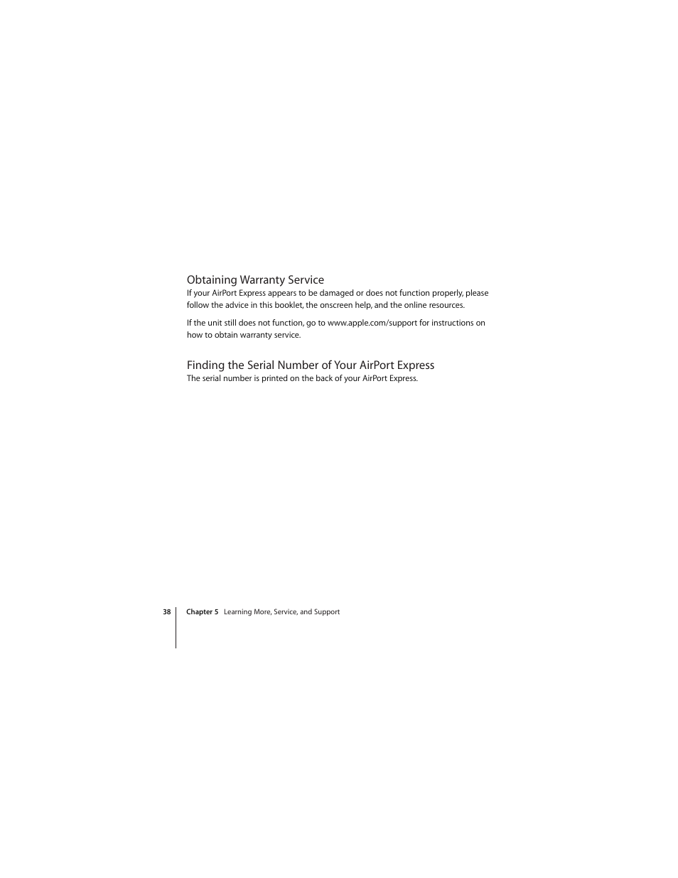 Obtaining warranty service, Finding the serial number of your airport express | Apple AirPort Express 802.11n (1st Generation) User Manual | Page 38 / 48