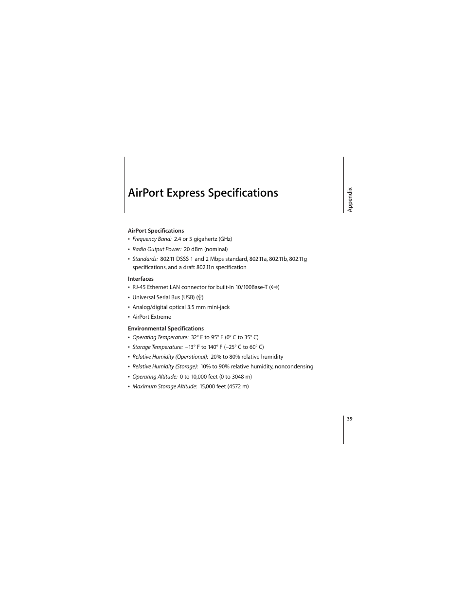 Airport express specifications | Apple AirPort Express 802.11n (1st Generation) User Manual | Page 39 / 48