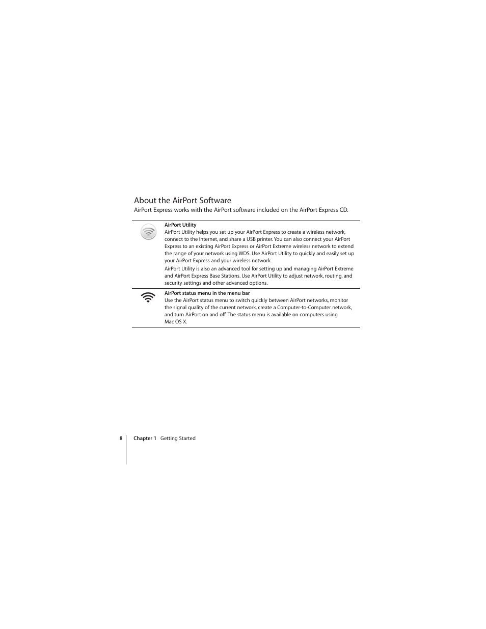 About the airport software | Apple AirPort Express 802.11n (1st Generation) User Manual | Page 8 / 48