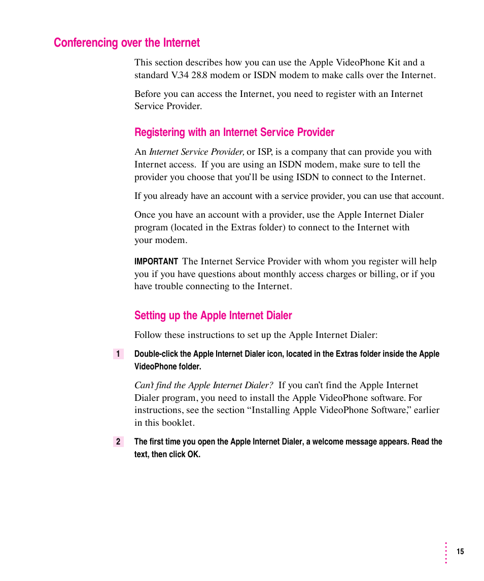 Conferencing over the internet, Registering with an internet service provider, Setting up the apple internet dialer | Apple Video Phone Kit User Manual | Page 15 / 22