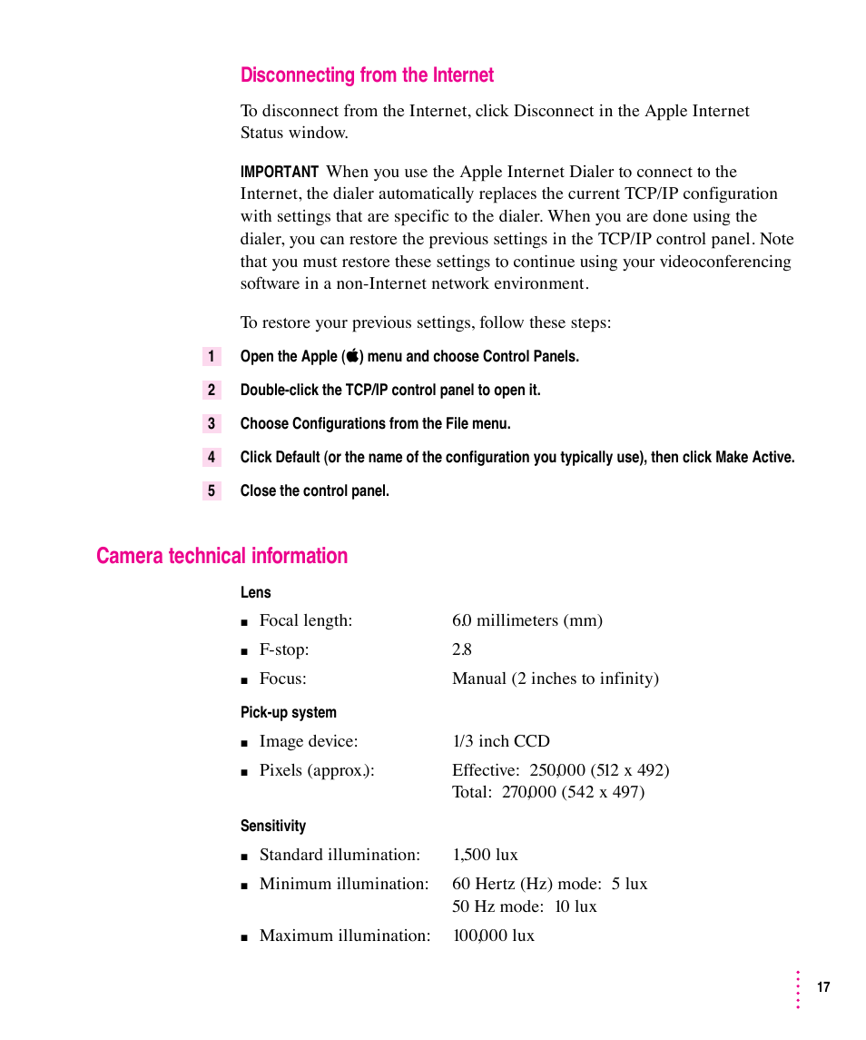 Disconnecting from the internet, Camera technical information | Apple Video Phone Kit User Manual | Page 17 / 22