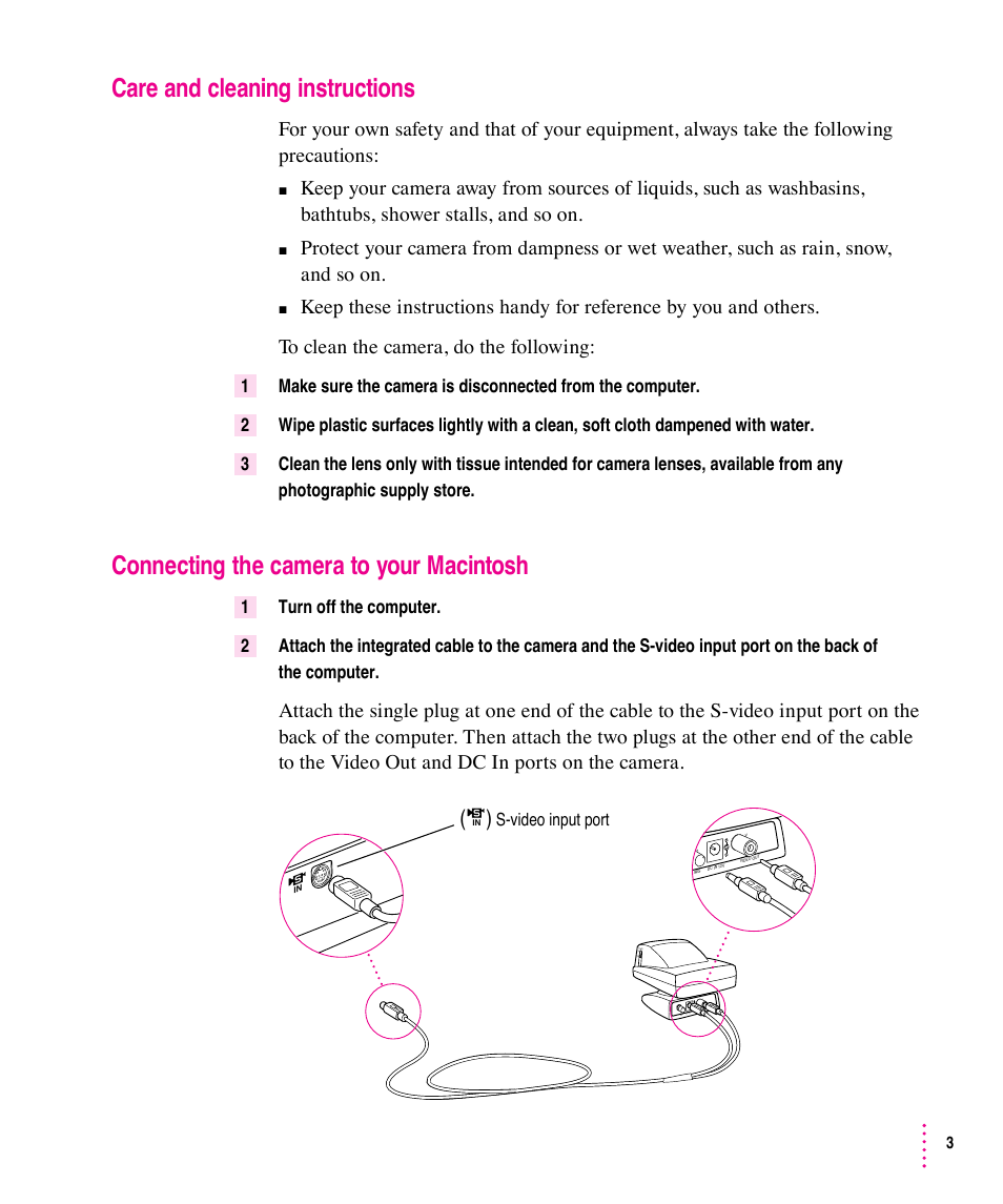 Care and cleaning instructions, Connecting the camera to your macintosh | Apple Video Phone Kit User Manual | Page 3 / 22