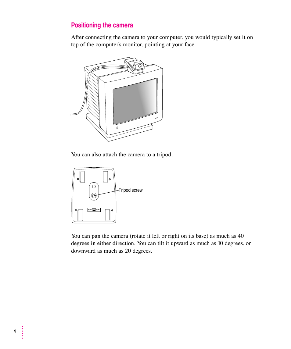Positioning the camera | Apple Video Phone Kit User Manual | Page 4 / 22